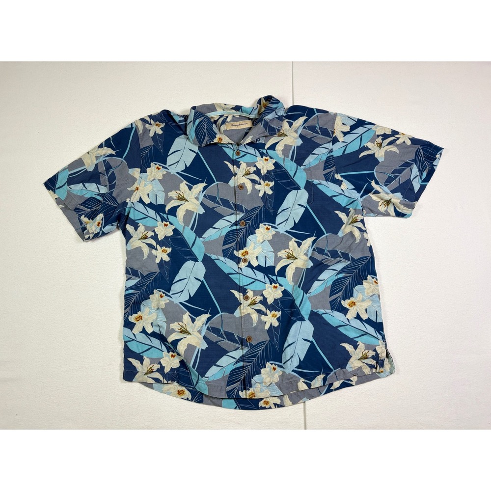 Tommy Bahama Mens 1XB Silk Floral Hawaiian Button Down Shirt Blue Short Sleeve